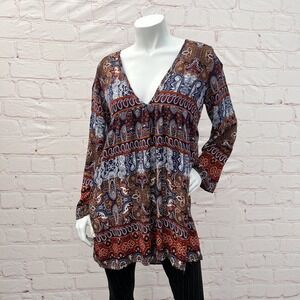 KidsForm Woman Blouse Boho Floral Open Back Multicolor V-Neck Long Sleeves Sz L